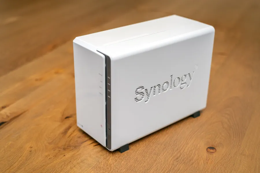A Synology DiskStation DS223j, a typical two-bay commercial NAS enclosure