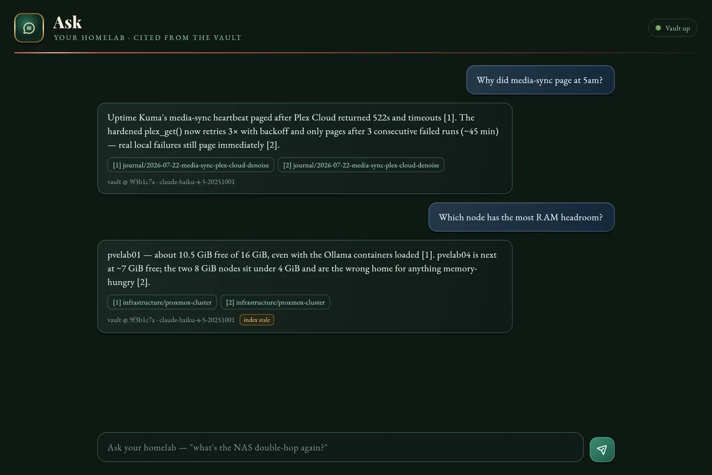 The Ask tab in the HomeLab app: a chat where answers about a paging alert and node RAM headroom carry numbered citation chips linking to vault pages, plus a footer with the vault revision and an index-stale badge