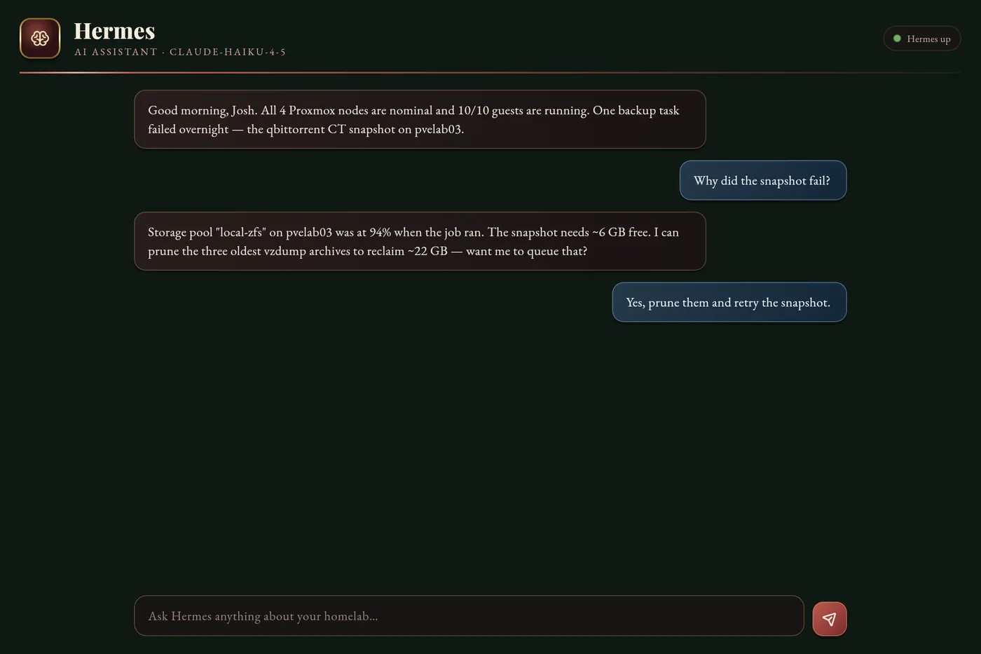 The Hermes tab in the HomeLab desktop app: a native chat conversation where the agent reports a failed overnight snapshot, diagnoses a 94% full storage pool, and offers to prune old vzdump archives