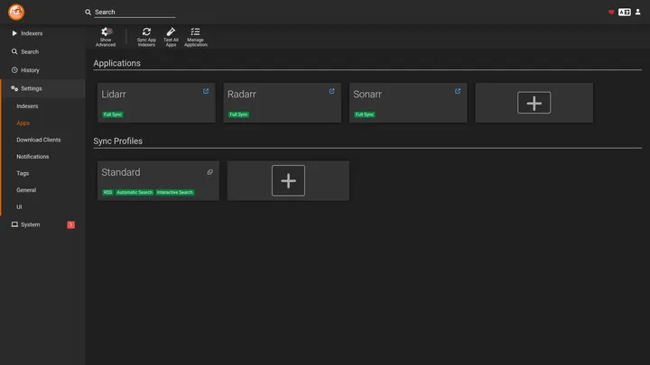 Prowlarr Settings → Apps page showing Radarr and Sonarr registered as applications, each with a green Full Sync badge