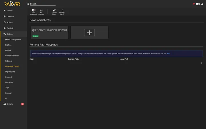 Radarr Settings → Download Clients page showing a qBittorrent client with a green Enabled badge