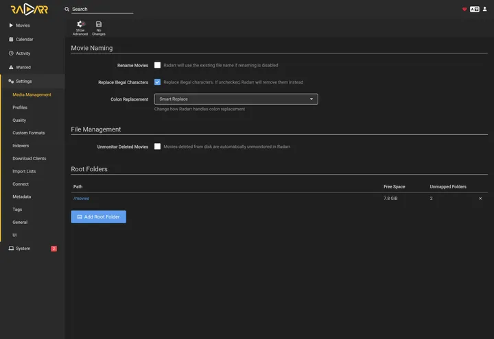 Radarr Settings → Media Management page showing a single root folder configured at the media path