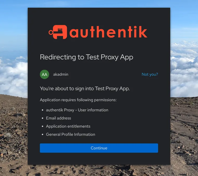 Authentik consent screen reading Redirecting to Test Proxy App, listing the permissions the app requests, with a Continue button