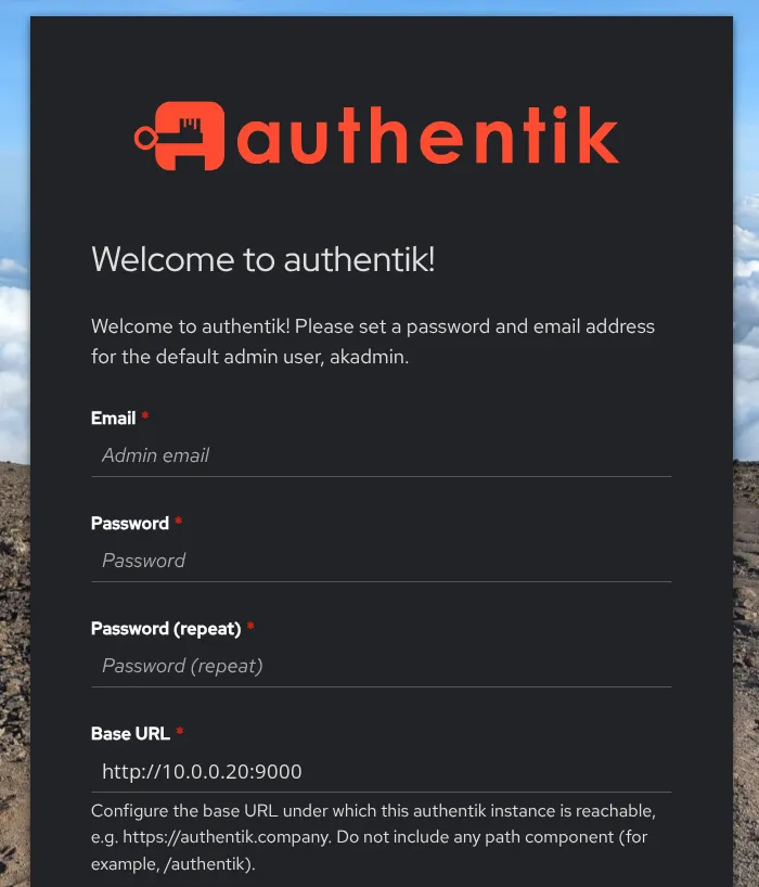 Authentik first-run setup form with Email, Password, Password (repeat) and Base URL fields for the akadmin account