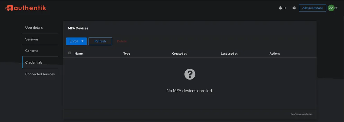Authentik user settings on the Credentials tab, showing an empty MFA Devices list with an Enroll button
