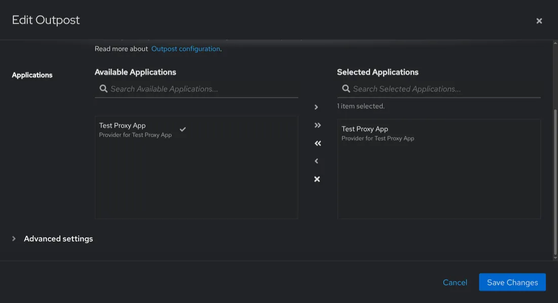 Authentik Edit Outpost dialog with Test Proxy App moved from Available Applications to Selected Applications