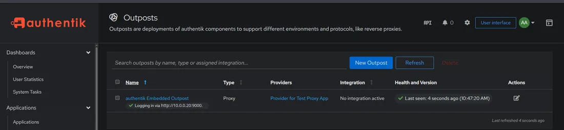 Authentik Outposts list showing the embedded outpost, type Proxy, with Provider for Test Proxy App in the Providers column and a healthy last-seen status