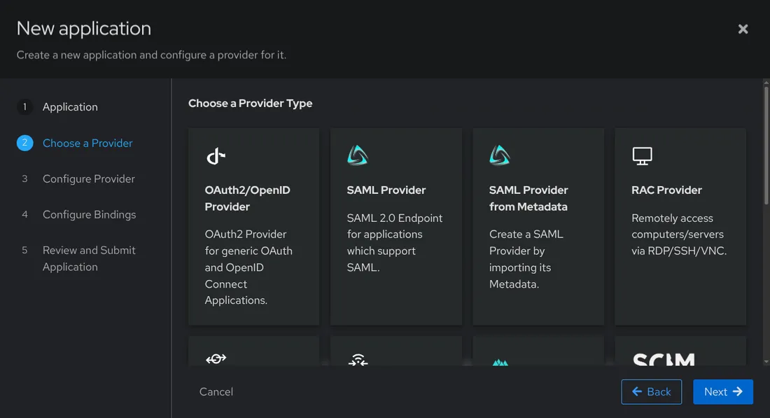 Authentik New application wizard on the Choose a Provider step, showing provider type cards for OAuth2/OpenID, SAML, SAML from metadata and RAC