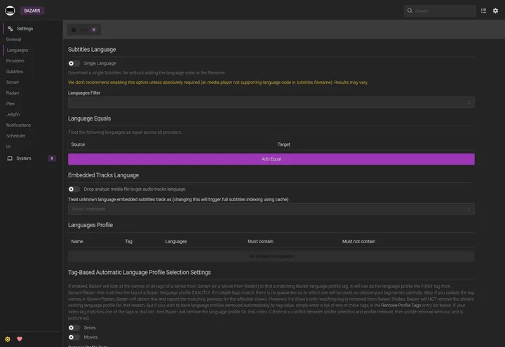Bazarr Settings Languages page showing the languages filter and languages profile section