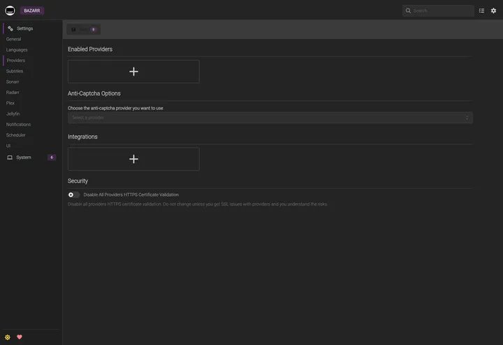 Bazarr Settings Providers page with the add-provider control