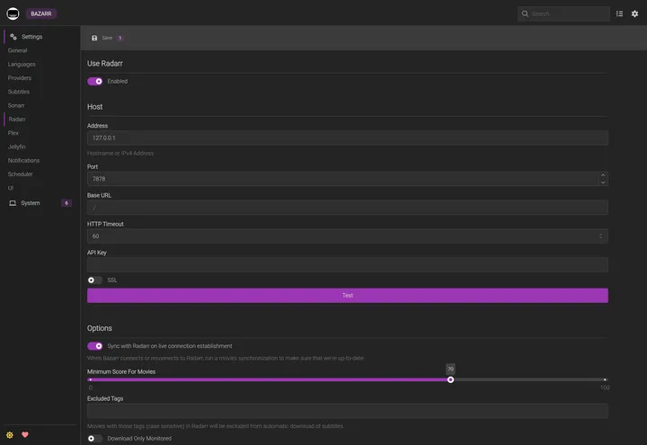 Bazarr Settings Radarr page with the same Host and API key fields as the Sonarr page