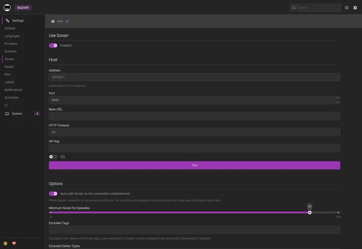 Bazarr Settings Sonarr page with the Use Sonarr toggle enabled, showing address, port, API key and a Test button
