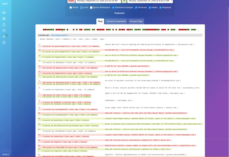 A changedetection.io diff view highlighting removed text in red and added text in green between two snapshots of a watched page