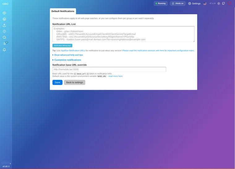 The changedetection.io notifications screen showing the Notification URL List field with Apprise example URLs and a base-URL override