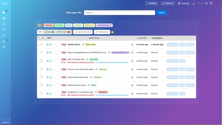 The changedetection.io overview listing several watches — Proxmox VE end-of-life dates, Kubernetes releases, Debian news — each with its last-checked and last-changed time