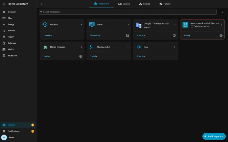 Home Assistant Settings, Devices and Services, Integrations page with an Add Integration button and several configured integrations
