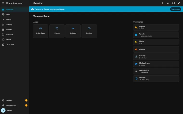 The Home Assistant Overview dashboard after onboarding, showing Areas for Living Room, Kitchen and Bedroom plus Summaries for lights, climate, media players and weather