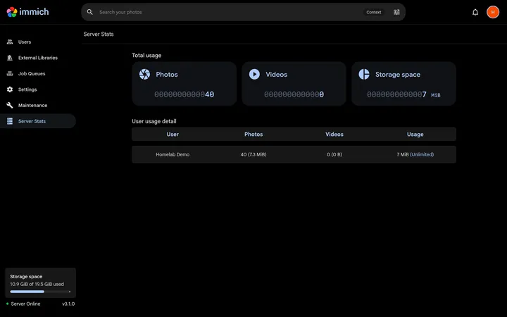 Immich admin Server Stats page showing total usage for photos, videos and storage space, plus a per-user usage breakdown
