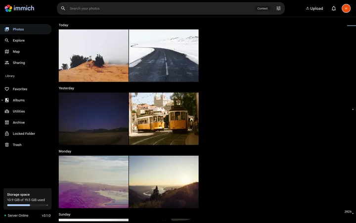 The Immich web timeline showing a grid of photos grouped by date, with the navigation sidebar for Photos, Explore, Albums and more