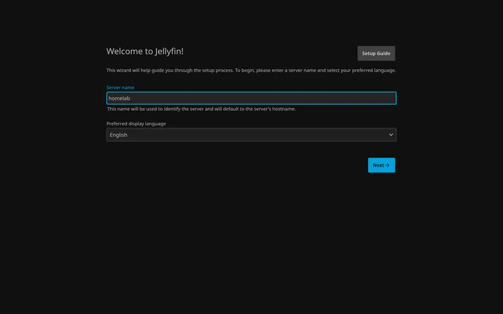 Jellyfin first-run wizard welcome screen with a server name field and preferred display language selector