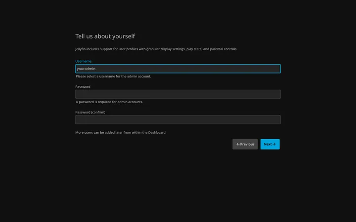 Jellyfin wizard user-creation step with username and password fields for the admin account
