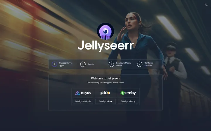 Jellyseerr first-run welcome screen offering sign-in with Jellyfin, Plex or Emby