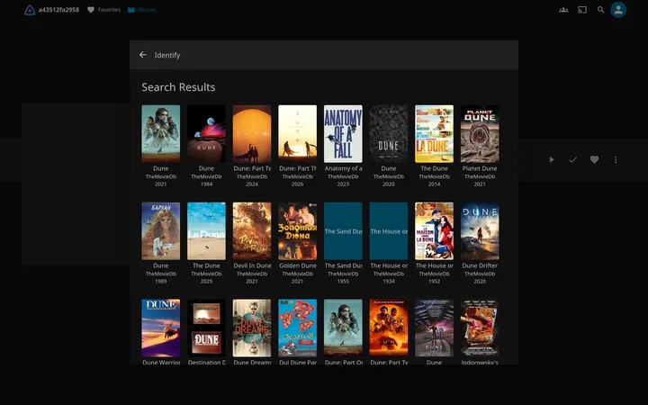 Jellyfin Identify search results showing a grid of candidate movie posters from TheMovieDb