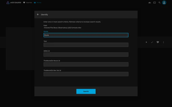 Jellyfin Identify dialog with fields for Name, Year, IMDb Id, TheMovieDb Movie Id and a Search button