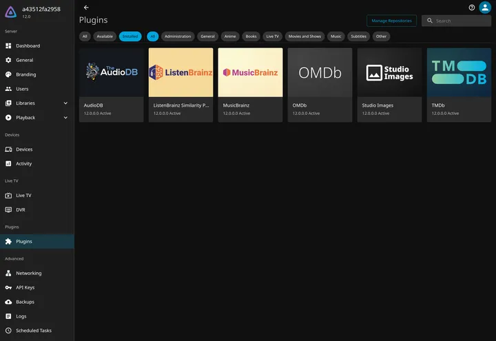 Jellyfin Dashboard Plugins page showing metadata provider plugins including TMDb, OMDb, MusicBrainz and Studio Images