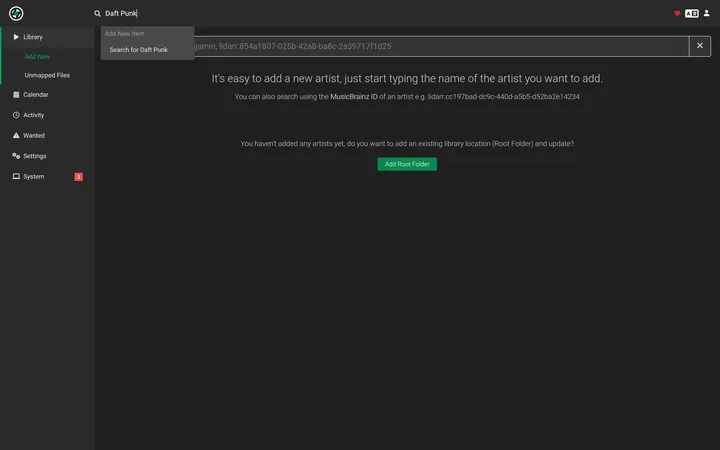 Lidarr Add New artist page where you type an artist name to search MusicBrainz