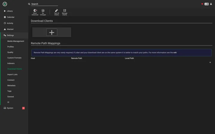 Lidarr Settings Download Clients page with the add-client button
