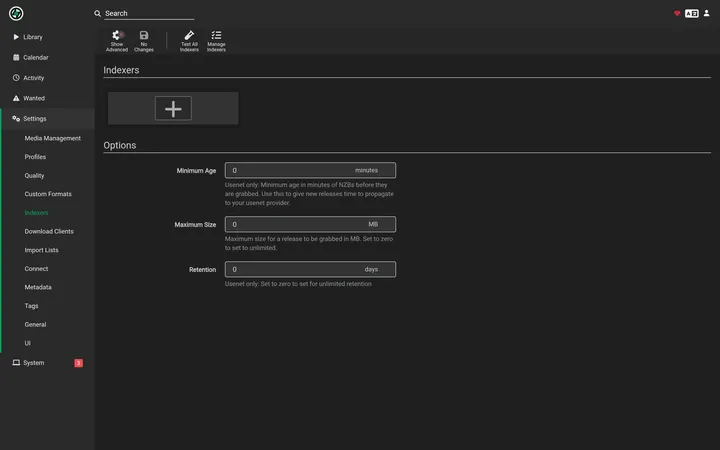 Lidarr Settings Indexers page, populated automatically by Prowlarr's app sync