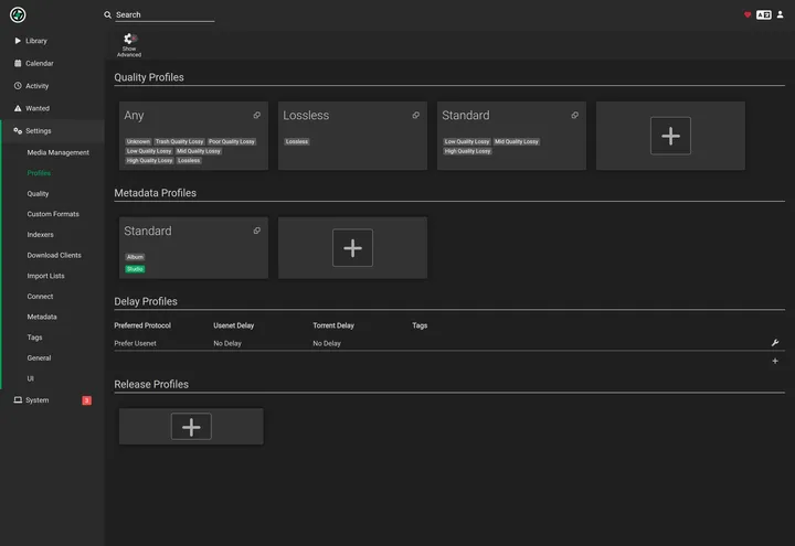 Lidarr Settings Profiles page showing quality and metadata profiles