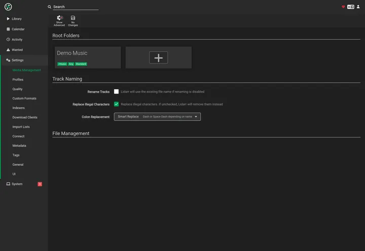 Lidarr Settings Media Management page showing the configured music root folder