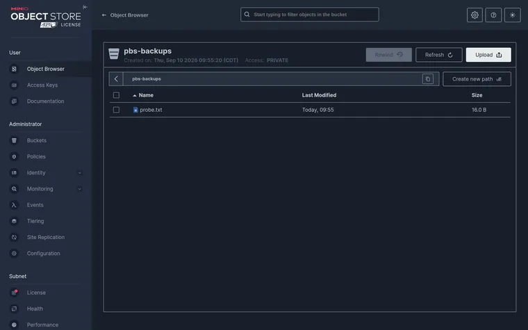 The MinIO console object browser showing the pbs-backups bucket with a single probe.txt object, and the sidebar of admin sections like Buckets, Policies, and Access Keys