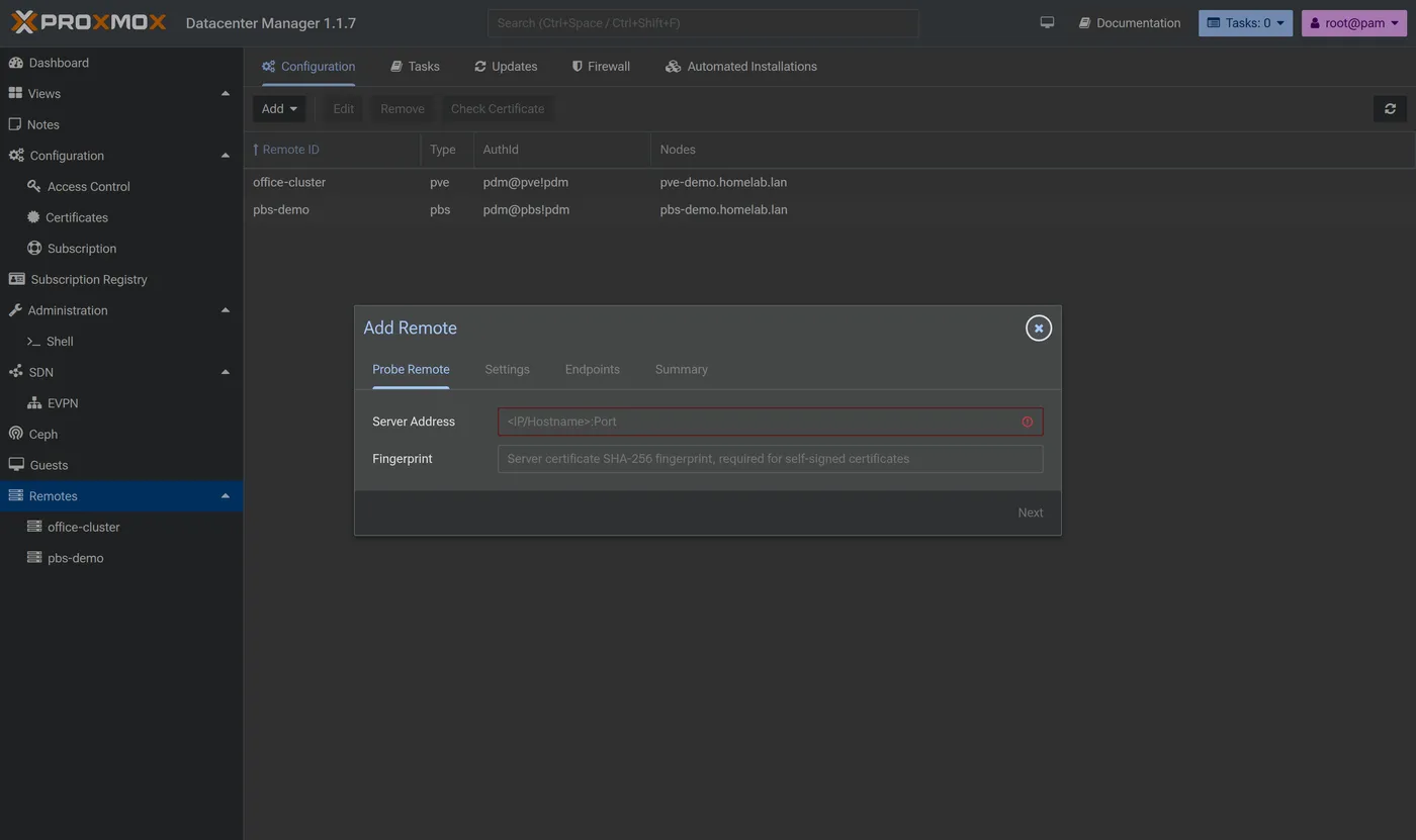 The Add Remote wizard in Proxmox Datacenter Manager, open on the Probe Remote step, showing a Server Address field and a Fingerprint field for the self-signed certificate, with the existing remotes table behind it.