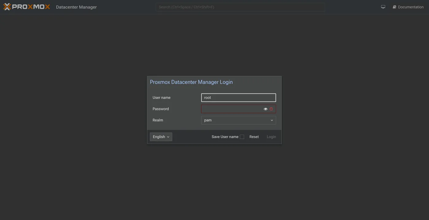 Proxmox Datacenter Manager 1.1.7 login screen, showing the user name, password, and realm fields with the PAM realm selected.