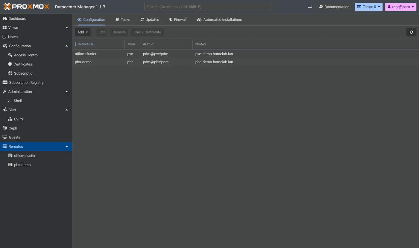 The Remotes configuration table in Proxmox Datacenter Manager listing two remotes: office-cluster of type pve using the pdm@pve!pdm token, and pbs-demo of type pbs using the pdm@pbs!pdm token, each pinned to a homelab.lan node.