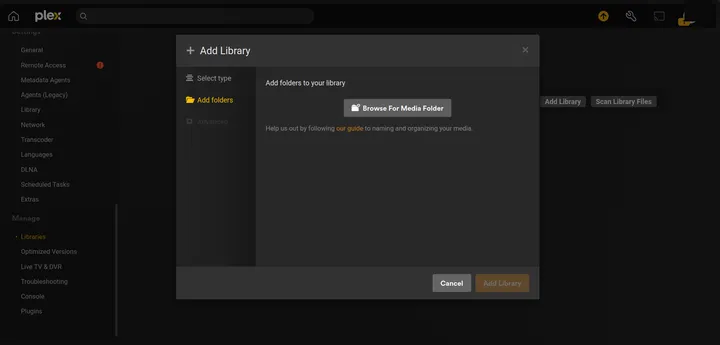 Plex Add Library dialog on the Add folders step with a Browse For Media Folder button