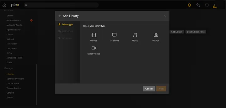 Plex Add Library dialog on the Select type step, showing Movies, TV Shows, Music, Photos and Other Videos as library types
