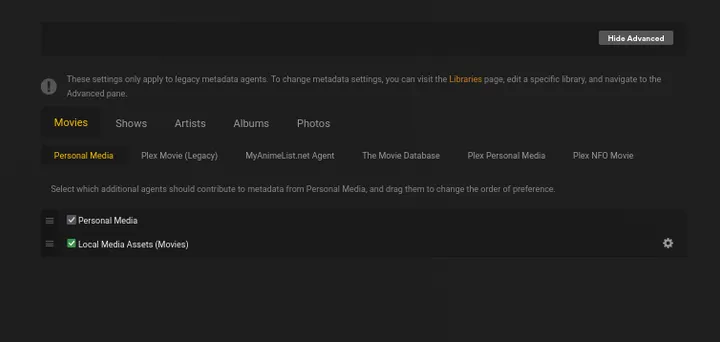 Plex Settings Agents Legacy page