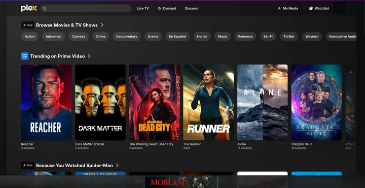 The Plex home screen with My Media and Watchlist navigation and rows of recommended content