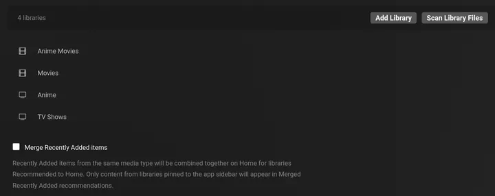 Plex Settings Manage Libraries screen listing the configured libraries