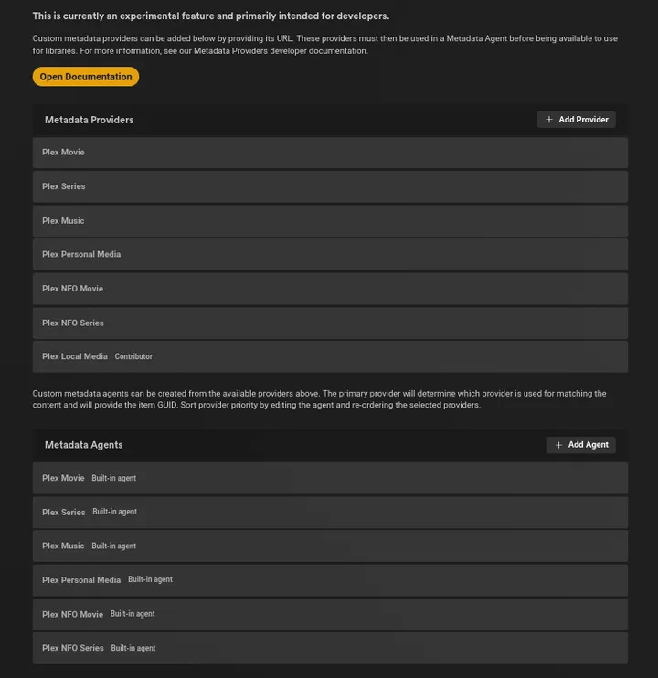 Plex Settings Metadata Agents page listing the metadata sources Plex uses for each library type