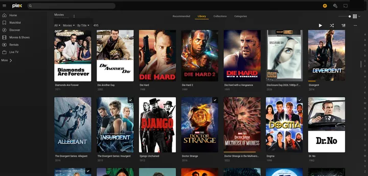 A Plex movie library shown as a grid of correctly-matched poster art, sorted alphabetically by title