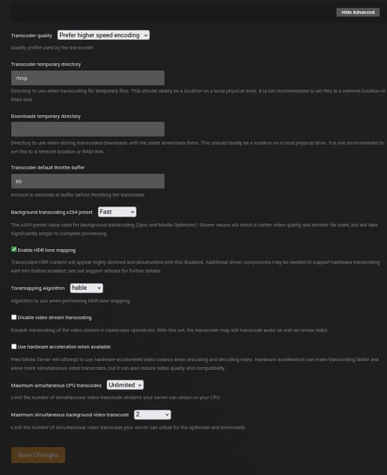 Plex Settings Transcoder page with options for transcoder quality, temporary directory and background transcoding