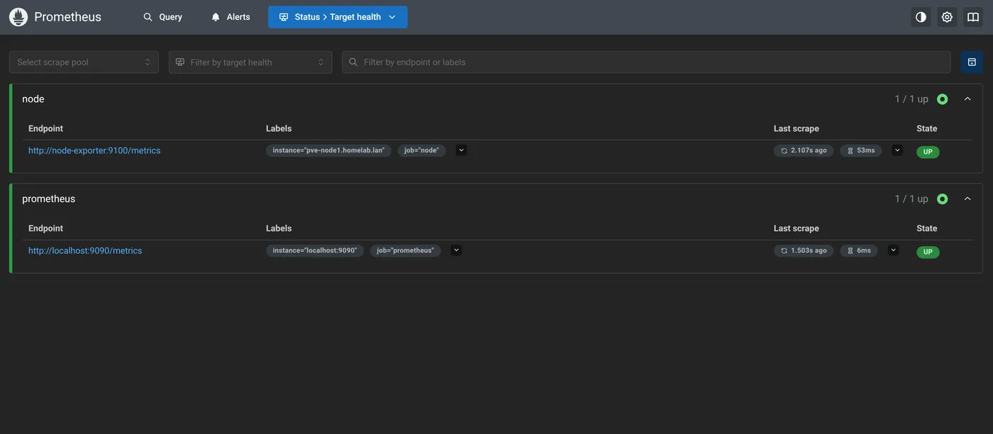 Prometheus target health page with node and prometheus scrape jobs both showing 1/1 up and green UP state badges