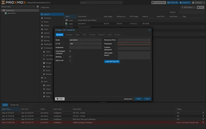 Proxmox Create CT wizard General tab with the Unprivileged container option enabled
