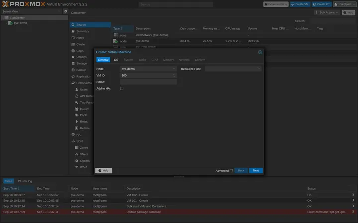 Proxmox Create VM wizard on the General tab with node, VM ID, and name fields and a tab bar across the top