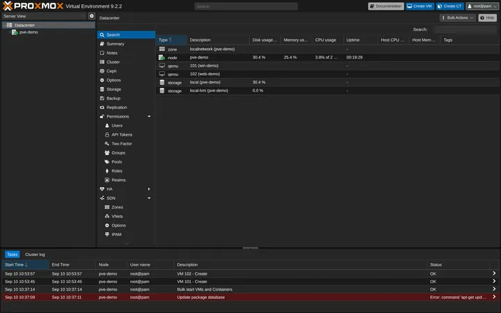 The Proxmox VE Datacenter summary showing the pve-demo node, a web-demo container, and a stopped win-demo VM in the resource list